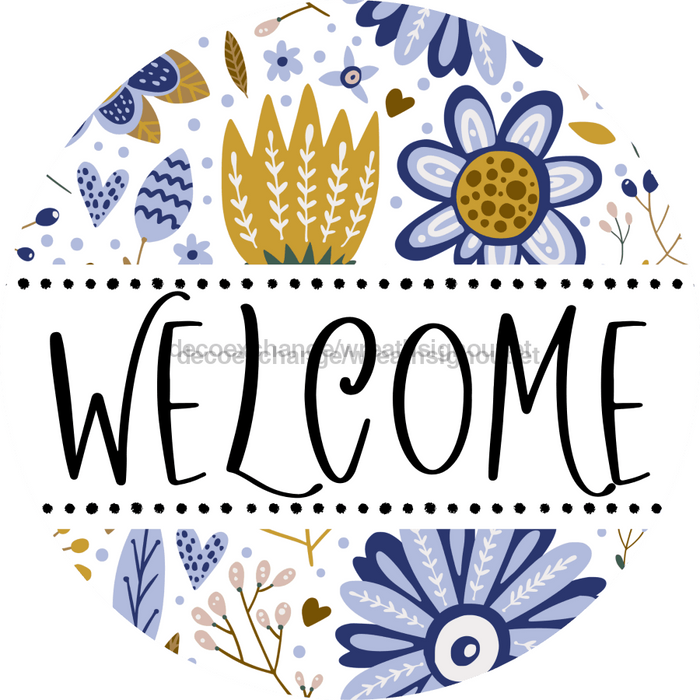Welcome Wreath Sign, Floral Wreath, DECOE-4132-B, 8 metal Round