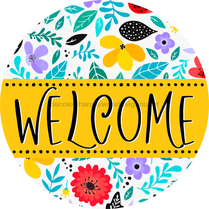 Welcome Wreath Sign, Floral Wreath, DECOE-4133-A, 11.75 metal Round