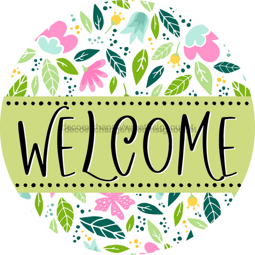 Welcome Wreath Sign, Floral Wreath, DECOE-4134-A, 11.75 metal Round