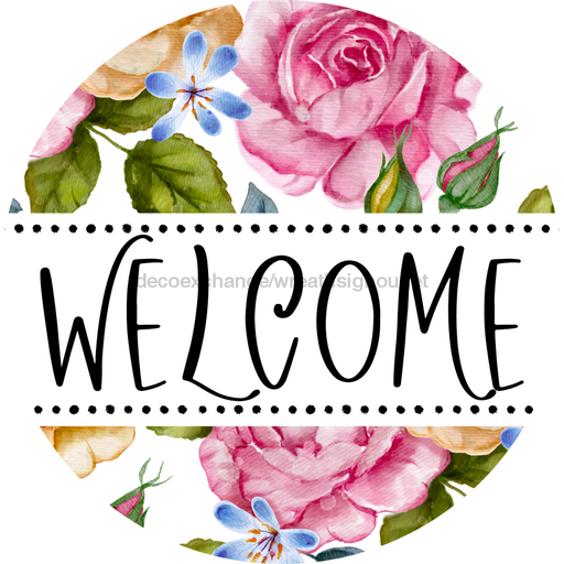 Welcome Wreath Sign, Floral Wreath, DECOE-4141-A, 11.75 metal Round