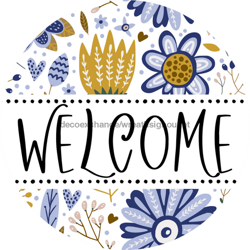 Welcome Wreath Sign, Floral Wreath, DECOE-4132, 10 vinyl Round