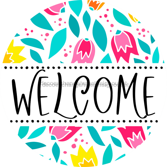 Welcome Wreath Sign, Floral Wreath, DECOE-4136, 10 vinyl Round