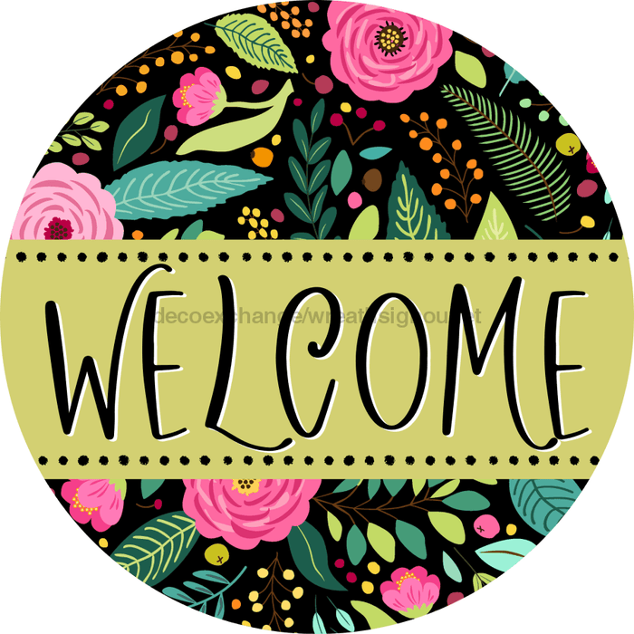 Welcome Wreath Sign, Spring Floral Wreath, DECOE-4104, 10 metal Round