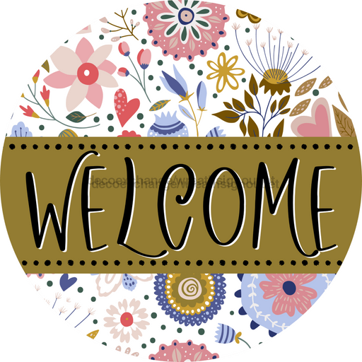 Welcome Wreath Sign, Spring Floral Wreath, DECOE-4112-A, 11.75 metal Round