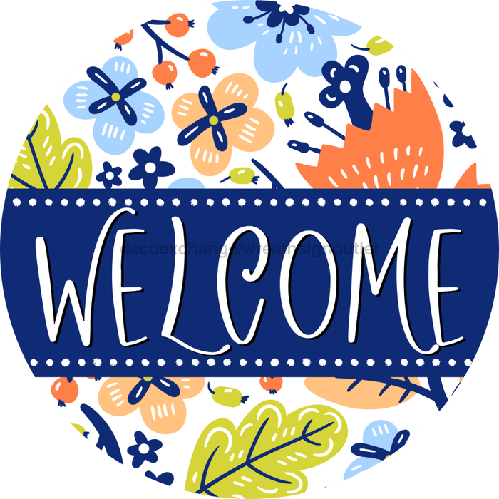 Welcome Wreath Sign, Spring Floral Wreath, DECOE-4114-A, 11.75 metal Round
