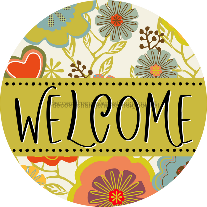 Welcome Wreath Sign, Spring Floral Wreath, DECOE-4121, 10 metal Round
