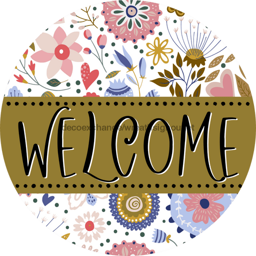 Welcome Wreath Sign, Spring Floral Wreath, DECOE-4112, 10 vinyl Round