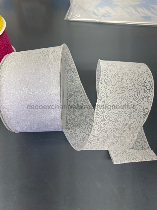 Wht-Irid Glittered Flwr Embossed 4’’X25Y 72433-04-01B Ribbon