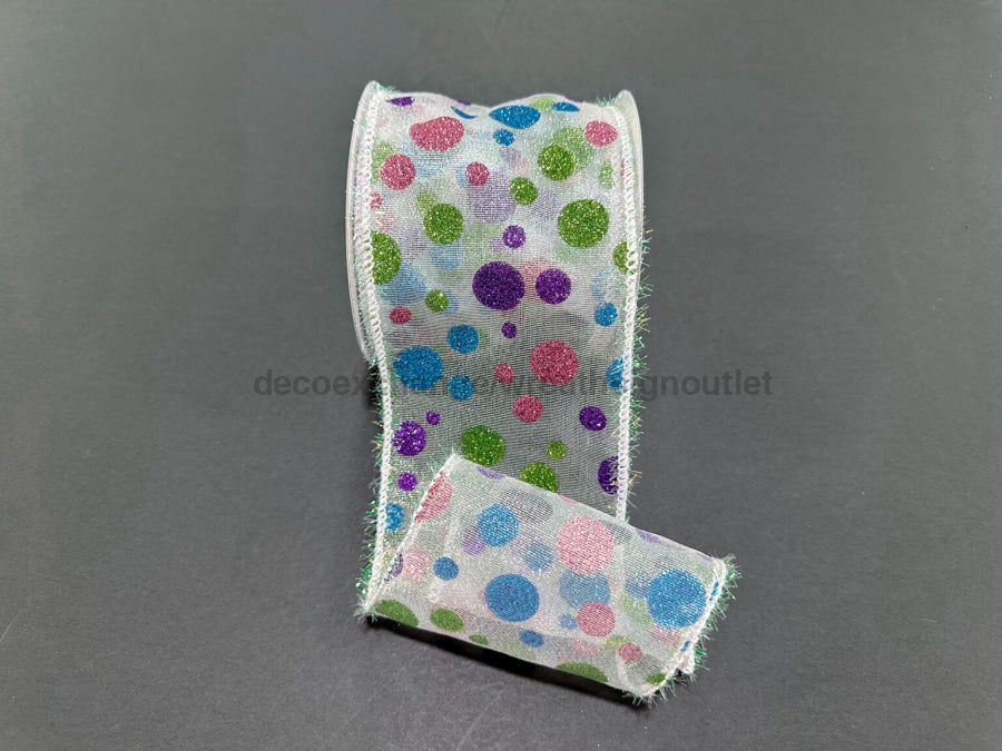 Wht Irid Shr/Fu-Aq-Lm-Prp Glt Dots 4’’X10Y 73577-04-01 Ribbon