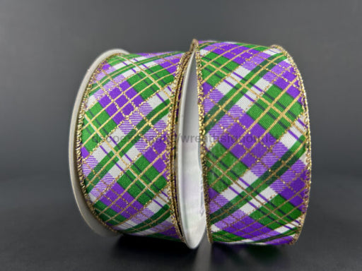 Wht Lin/Emrld-Prp-Gld Busy Plaid 1.5’X10Y 72424-09-01 Ribbon