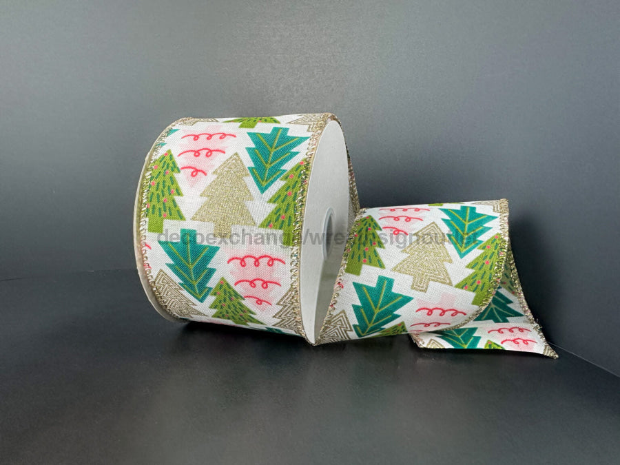 Wht Stn/Art Deco Cmas Trees 2.5’’X10Y 73530-40-15 Ribbon