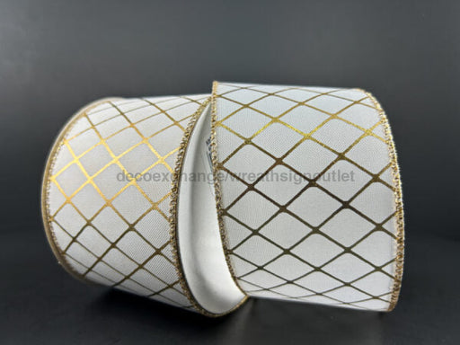 Wht Stn/Gld Mtlc Diag Fencing 2.5’’X10Y 72404-40-40 Ribbon
