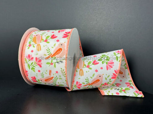 Wht Stn/Peach Sprng Birds-Pink Flwrs 2.5’’X10Y 41543-40-46 Ribbon