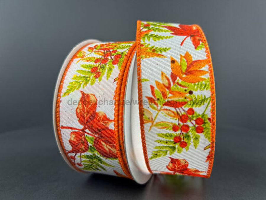 Wht Textrd Stn/Fall Ferns N Leaves 1.5’X10Y 61405-09-01 Ribbon