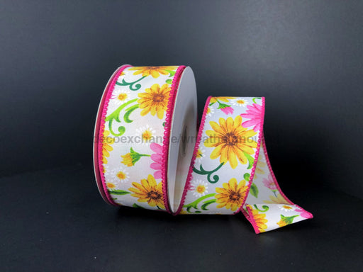 Wht Stn/Pink-Yellow Daises 1.5X10Y 41238-09-28 Ribbon