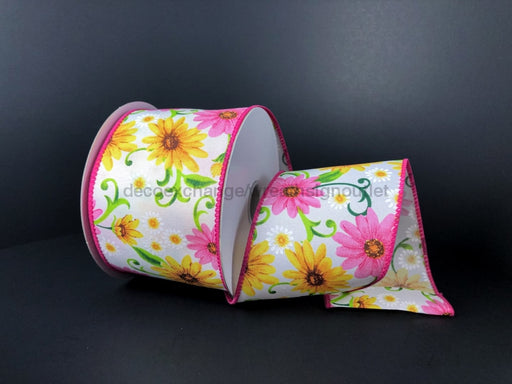 Wht Stn/Pink-Yellow Daises 2.5X10Y 41238-40-28 Ribbon