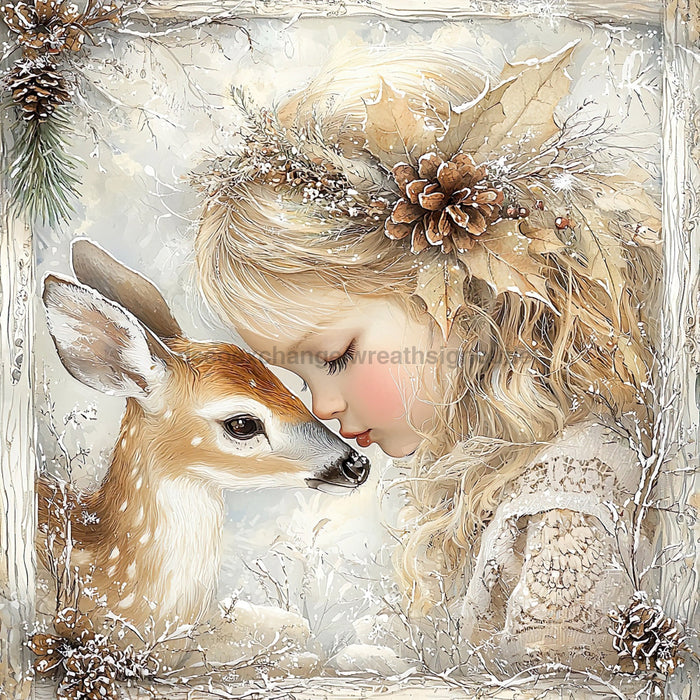 Winter Deer and Girl Sign, DCO-102302, Sign For Wreath, 10x10in Metal Sign