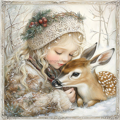 Winter Deer and Girl Sign, DCO-102303, Sign For Wreath, 10x10in Metal Sign