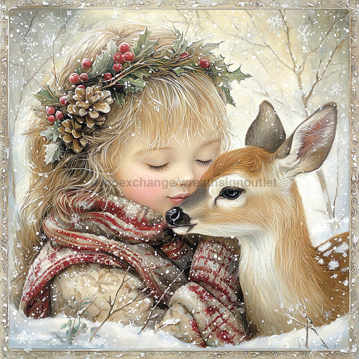 Winter Deer and Girl Sign, DCO-102309, Sign For Wreath, 10x10in Metal Sign
