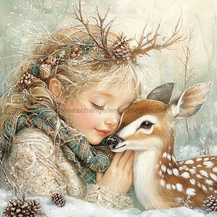 Winter Deer and Girl Sign, DCO-102311, Sign For Wreath, 10x10in Metal Sign
