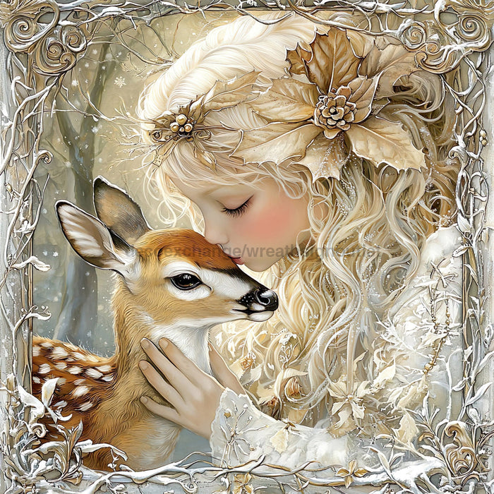 Winter Deer and Girl Sign, DCO-102312, Sign For Wreath, 10x10in Metal Sign