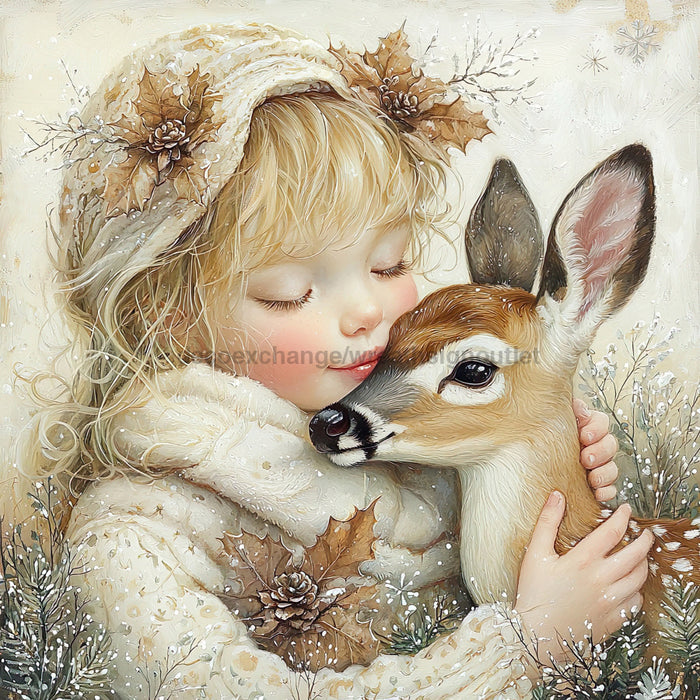 Winter Deer and Girl Sign, DCO-102313, Sign For Wreath, 10x10in Metal Sign