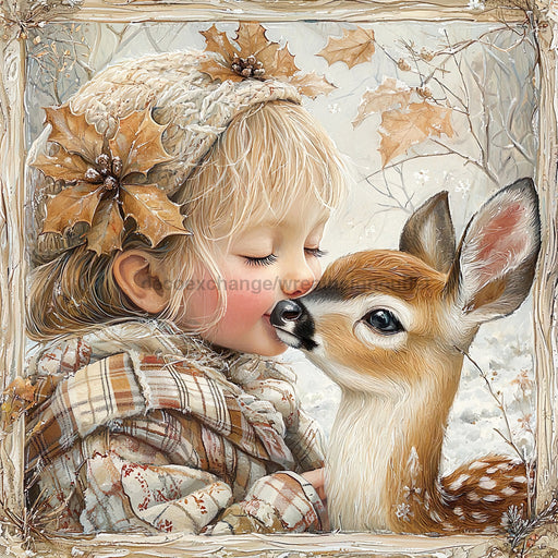 Winter Deer and Girl Sign, DCO-102315, Sign For Wreath, 10x10in Metal Sign