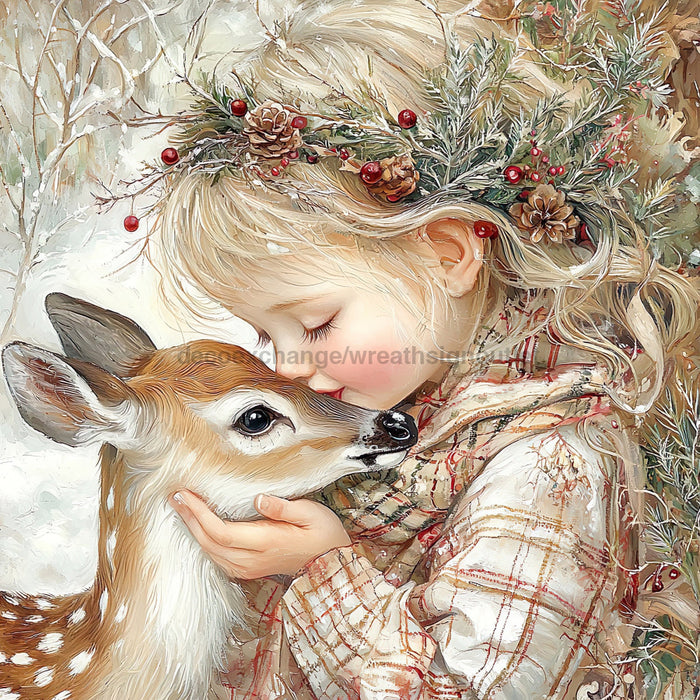 Winter Deer and Girl Sign, DCO-102317, Sign For Wreath, 10x10in Metal Sign