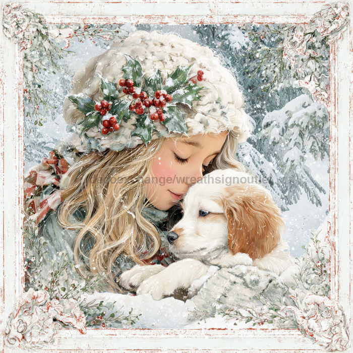 Winter Girl with Deer Sign, DCO-102501, Sign For Wreath, 10x10in Metal Sign