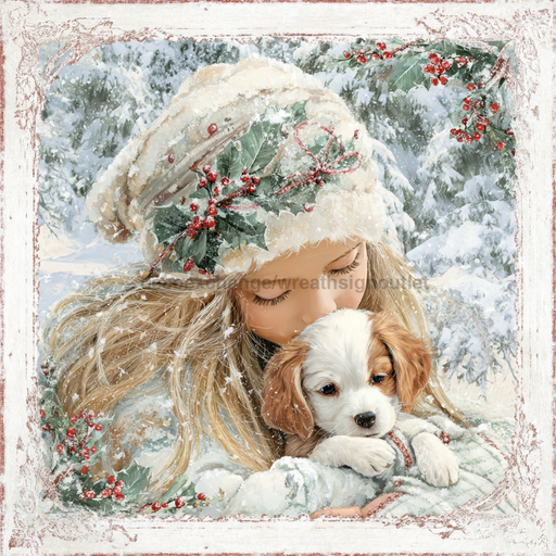 Winter Girl with Deer Sign, DCO-102502, Sign For Wreath, 10x10in Metal Sign