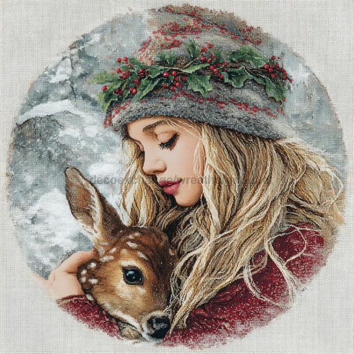 Winter Girl with Deer Sign, DCO-102508, Sign For Wreath, 10x10in Metal Sign
