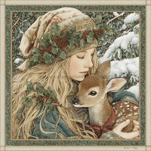 Winter Girl with Deer Sign, DCO-102509, Sign For Wreath, 10x10in Metal Sign