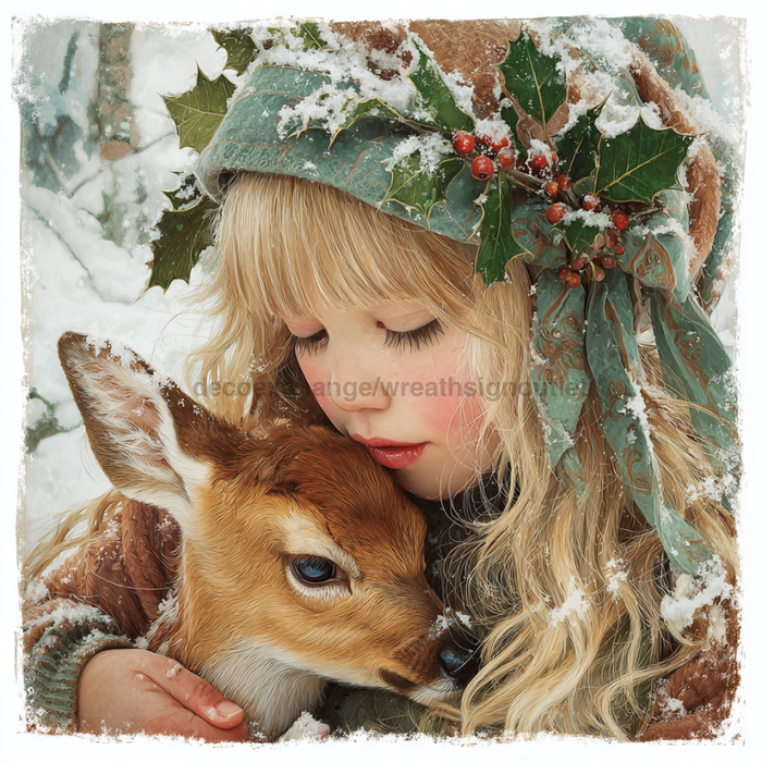 Winter Girl with Deer Sign, DCO-102528, Sign For Wreath, 10x10in Metal Sign