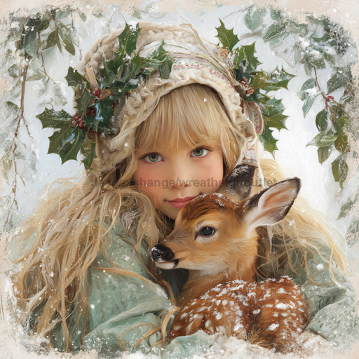 Winter Girl with Deer Sign, DCO-102530, Sign For Wreath, 10x10in Metal Sign