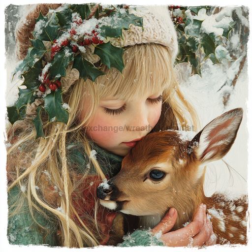 Winter Girl with Deer Sign, DCO-102531, Sign For Wreath, 10x10in Metal Sign