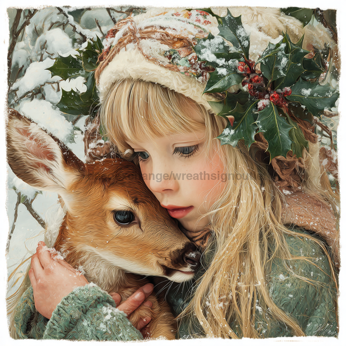 Winter Girl with Deer Sign, DCO-102533, Sign For Wreath, 10x10in Metal Sign