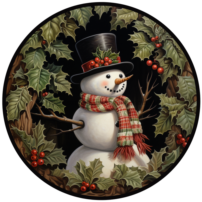 Winter Sign, Snowman Sign, DCO-00513, Sign For Wreath, 10" Round Metal Sign - DecoExchange®