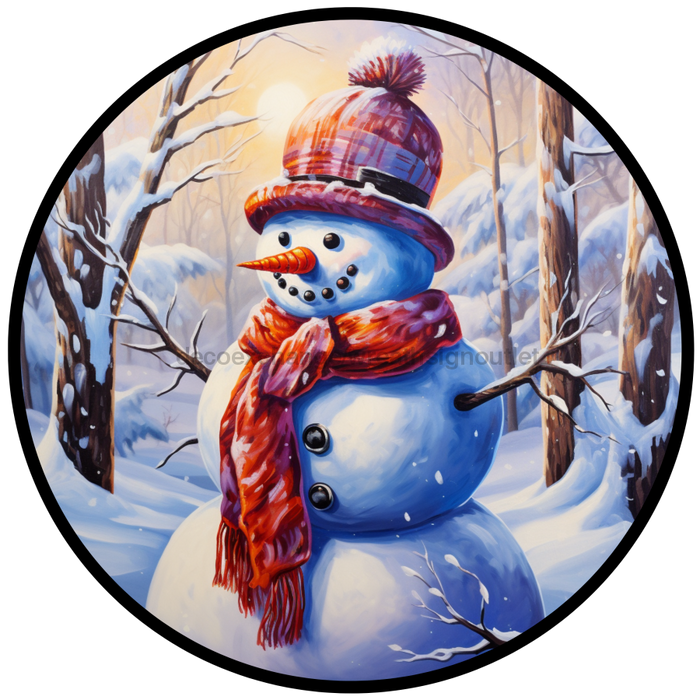 Winter Sign, Snowman Sign, DCO-00522, Sign For Wreath, 10" Round Metal Sign - DecoExchange®