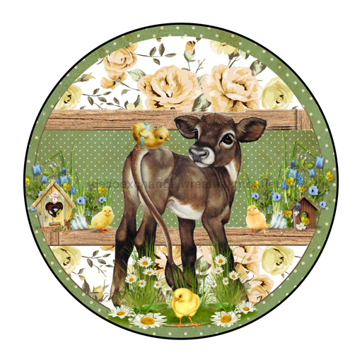 Wreath Sign, Wreath Sign, 10" Round Vinyl Decal, Animal Sign - Calf in Field - DECOE-072, Sign For Wreath, DecoExchange - DecoExchange