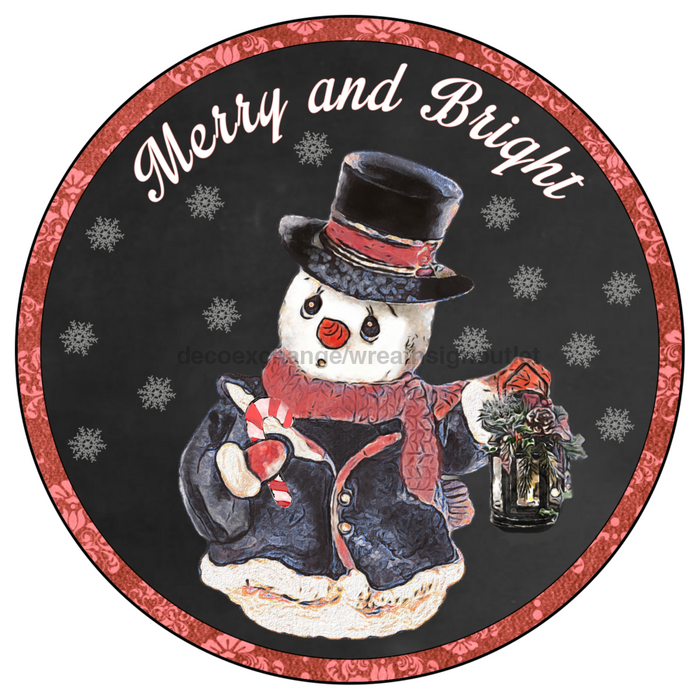 Wreath Sign, 10" Round Vinyl Decal - Merry and Bright Snowman - DECOE-073, DecoExchange, Sign For Wreath - DecoExchange