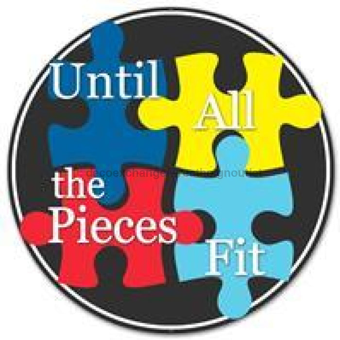 Wreath Sign, 12"Dia Metal Autism Puzzle Pieces Blk/Wht/Blue/Red/Yellow MD0449, DecoExchange, Sign For Wreaths - DecoExchange