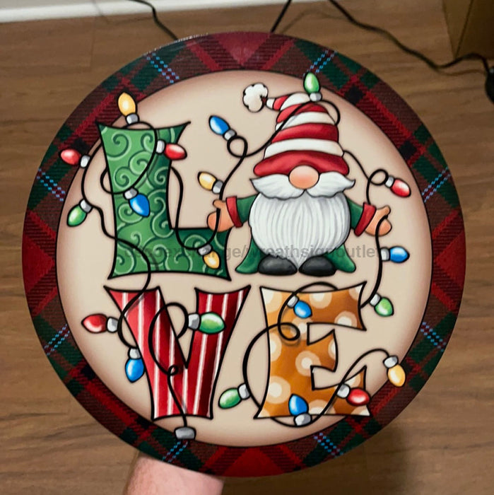 Wreath Sign, 18" Wood Round LOVE Gnome w/ Lights Sign - DECOE-025, DecoExchange, Sign For Wreaths