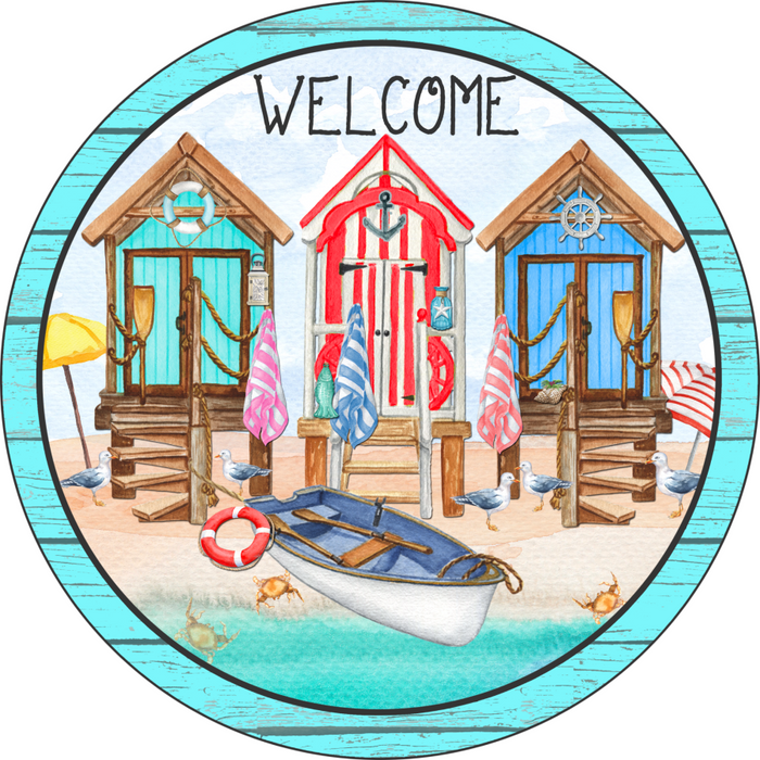 Wreath Sign, Beach Sign, Beach Welcome, 12" Round, Metal Sign, DECOE-551, DecoExchange, Sign For Wreath - DecoExchange