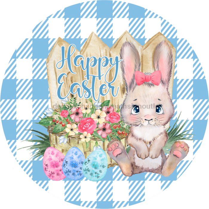 Wreath Sign, Blue Easter Sign, Plaid Bunny, 10" Round Metal Sign DECOE-456, Sign For Wreath, DecoExchange - DecoExchange
