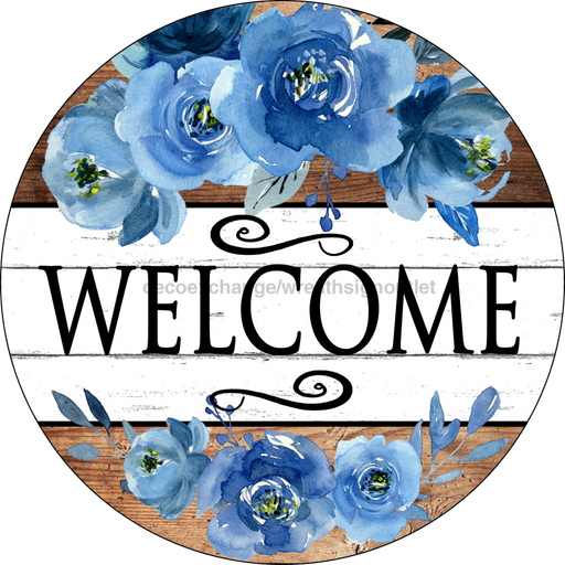 Wreath Sign, Blue Flowers Sign, Welcome Sign, Round Sign, DECOE-509, Sign For Wreath, DecoExchange - DecoExchange