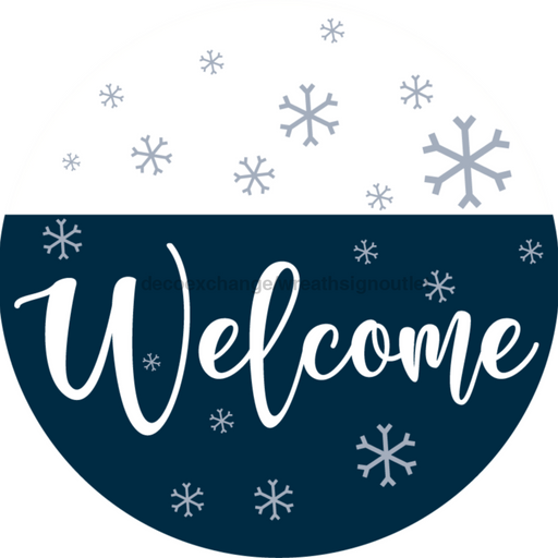 Wreath Sign, Blue Winter Welcome, Christmas Sign, 12" Round, Metal Sign, DECOE-565, DecoExchange, Sign For Wreath - DecoExchange