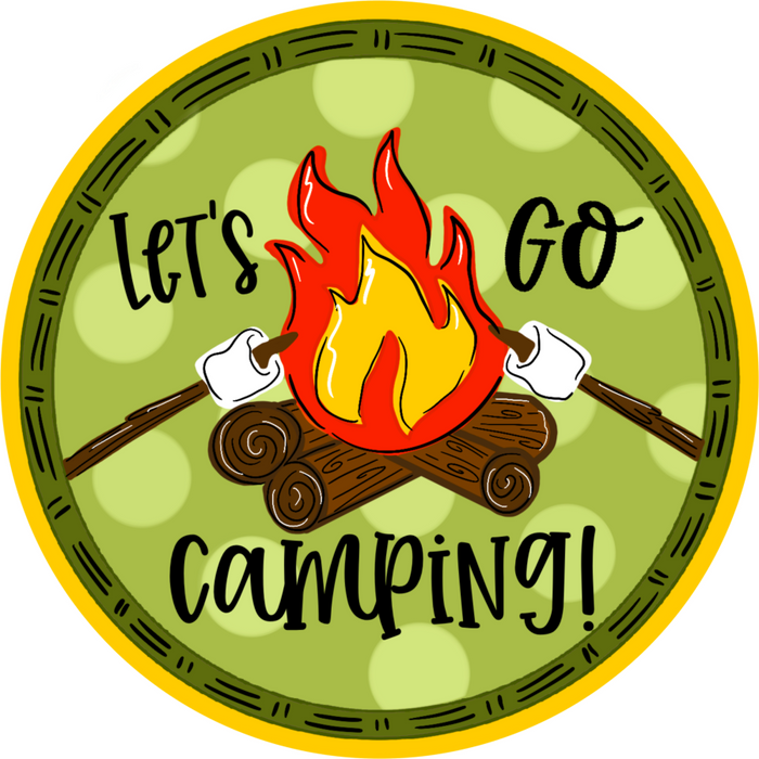Wreath Sign, Camping Sign, Lets Go Camping, 10" Round Metal Sign, TB-011, DecoExchange, Sign For Wreaths - DecoExchange