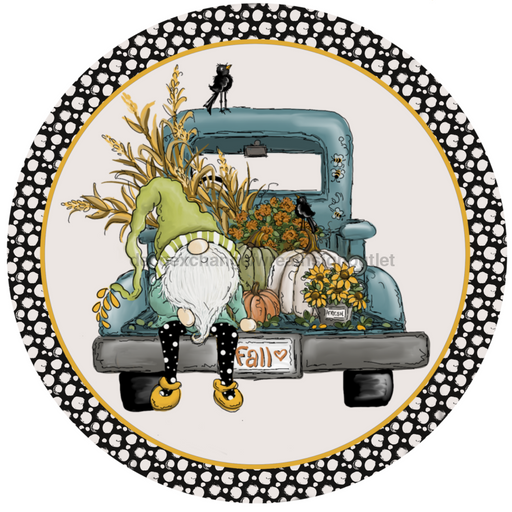 Wreath Sign, Fall Gnome Back of Blue Truck 10" Round Metal Sign DECOE-067, DecoExchange, Sign For Wreaths - DecoExchange