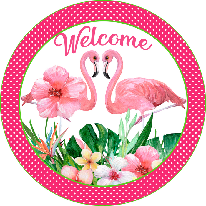 Wreath Sign, Flamingo Sign, Spring Sign, 18" Wood Round  Sign DECOE-273, Sign For Wreath, DecoExchange