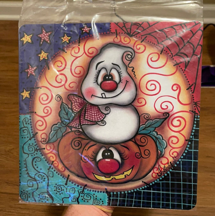 Wreath Sign, Ghost and Pumpkin - 10" Square Metal Sign - DECOE-057, DecoExchange, Sign For Wreaths - DecoExchange